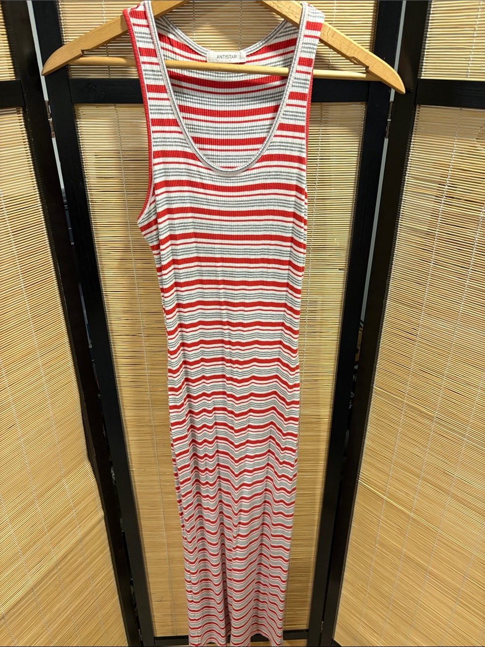 Red, light grey & White Striped Sleeveless Maxi Dress
